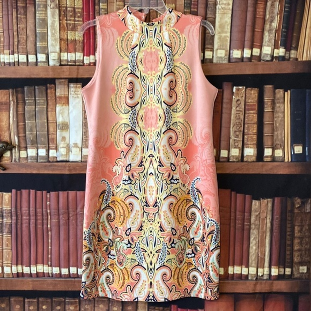 Melissa Paige Petite M Paisley Sheath Dress Pink Gold Zip Stretch